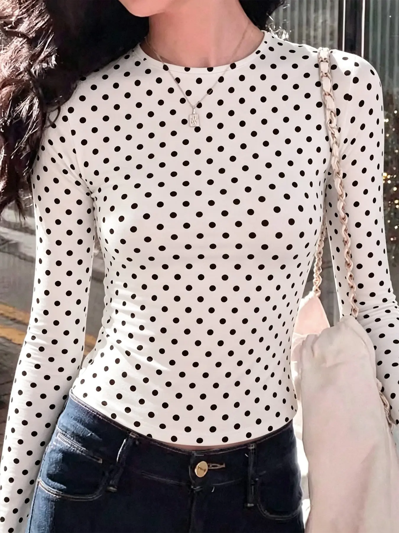 2026 New Chic Women Y2K Brat Polka Dot Long Sleeve Crop Top, Slim Crew Neck Stretch Vintage Tee, Viral TikTok Streetwear, Club Daily Outfit for Teen Girls, Soft Double Brushed Milk Silk Cropped Top Match Jeans Skirts