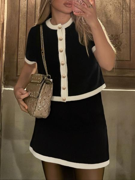 Women's French Style Elegant Commuter Set, Colorblock Knit Cardigan and Half Skirt Two-Piece, Casual Summer