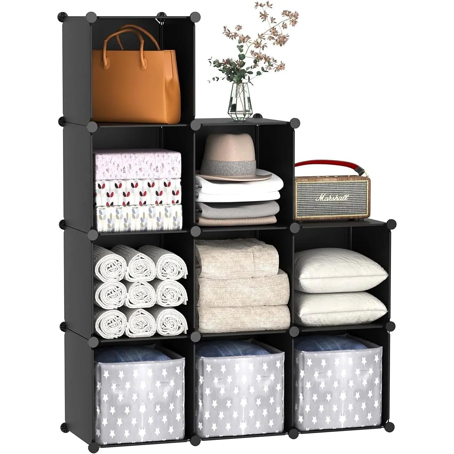 C&AHOME Cube Storage Organizer, 9-Cube Bookcase, Closet Cabinet Black | DIY Stackable Bookshelf, Plastic Modular Shelving Units Ideal for Home, Office, Kids Room, 36.6" L x 12.4" W x 48.4" H