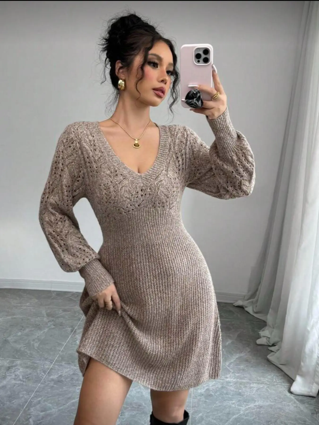 Women's Hollow Knit Dress, Multi-Color Options, Plain V Neck Long Sleeve Casual Wear Short Sweater Dress, Fall & Winter Fashion