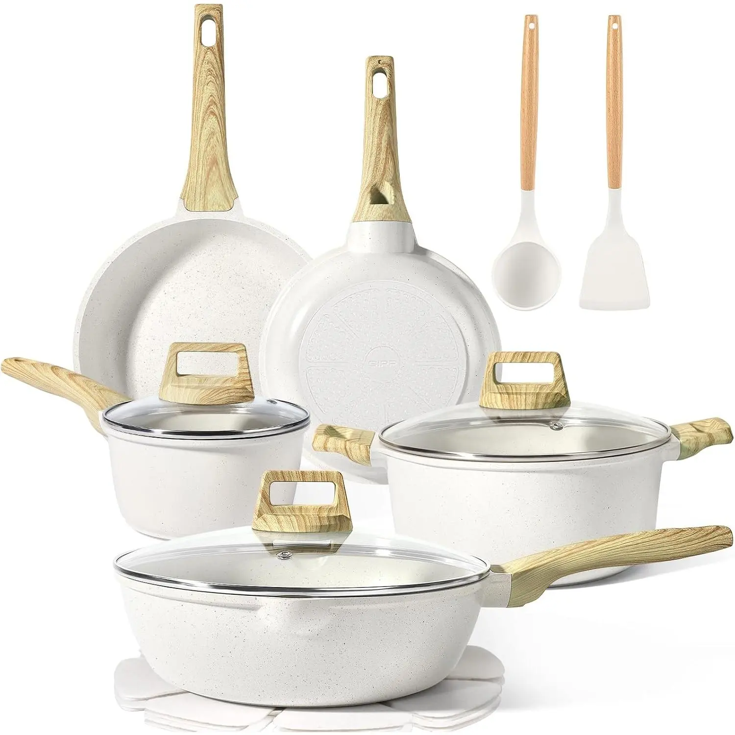 Pots and Pans Set Non Stick - 14 count White Granite Kitchen Cookware Sets Nonstick Induction Cookware Cooking Pan Set with Frying Pans, Saucepans and  Utensils, PFOS & PFOA Free