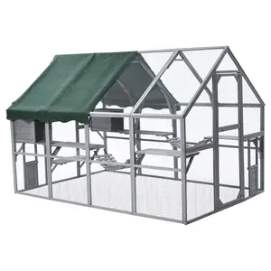 Large 110'' L Catio Enclosure with 2 Lockable Cat Doors and a Walk-in Door, Extra Large Pet Enclosure for 57 Ft² Space, Multiple Rest Boxes, Ramps, Platforms for Cats and Small Animals Use