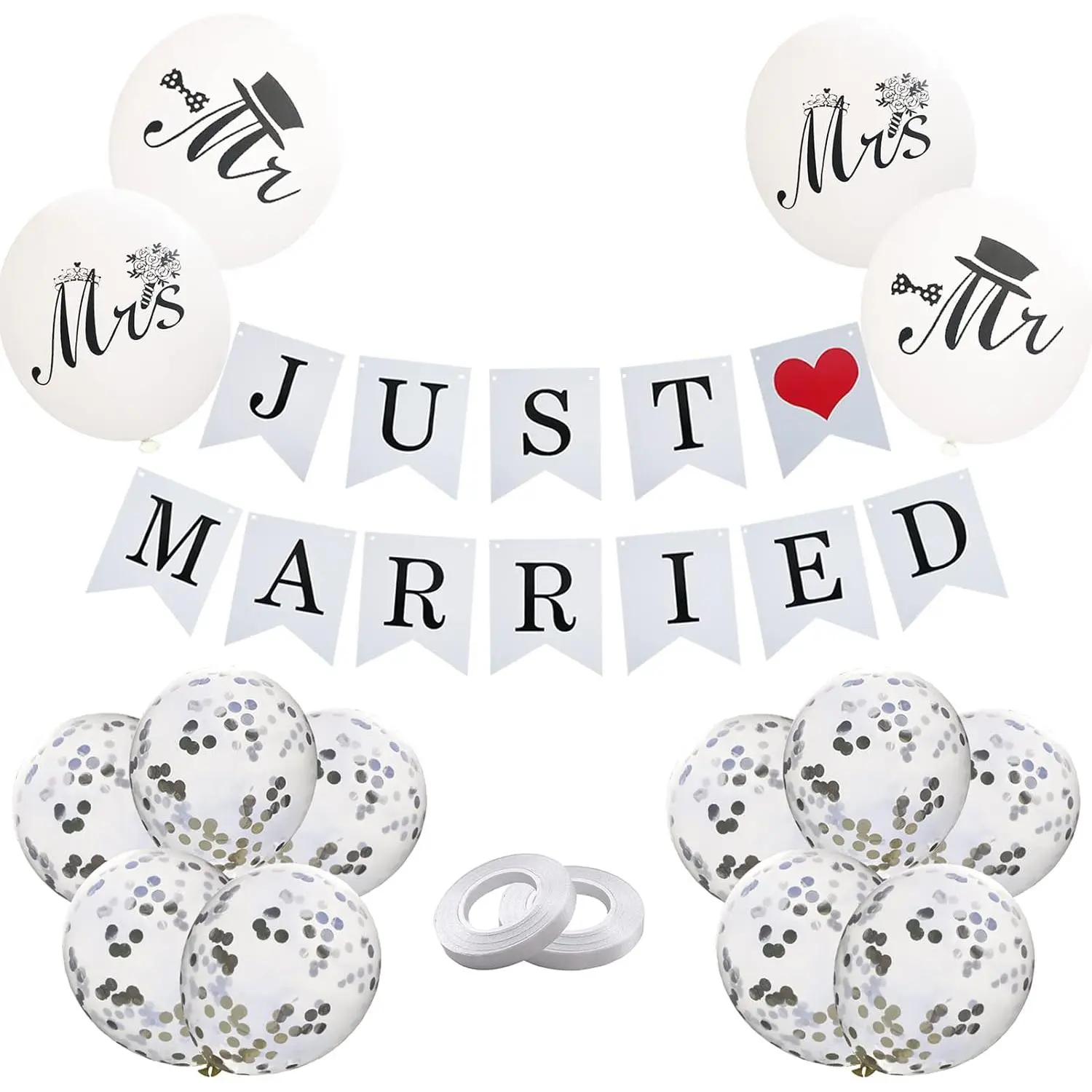 Just Married Decorations JUST MARRIED Wedding Party Decoration  Decor White and  Banner and Balloons  Bunting Photo Props Bridal Shower