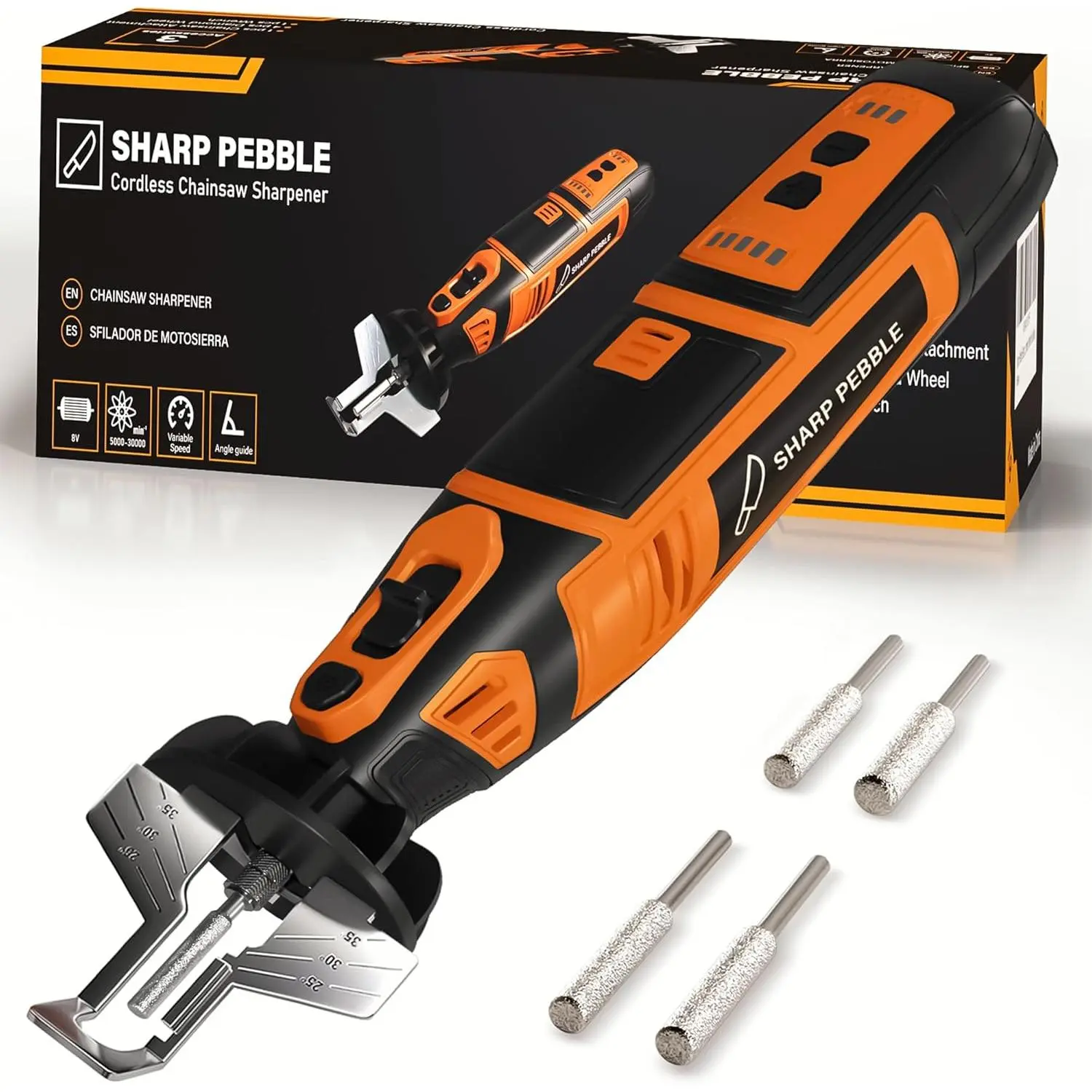Pebble Electric Chain Saw Sharpener Kit - Power Tool Accessory with 4 File Size Wheels, Angle Control, Wrench, Variable Speeds & eBook for On-the-Go Sharpening