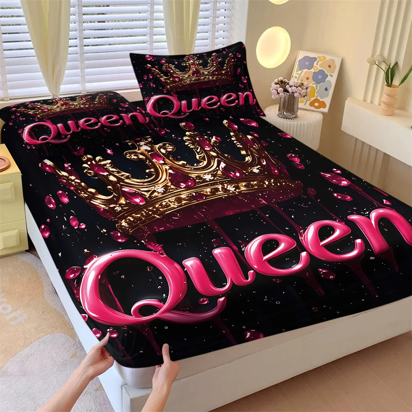 Black Base Gilded Gem Crown Pink Fluid Art Letter Print Fitted Sheet Set, Include 1 Bedspread and 2 Pillowcases, Glitter Drop Shiny Crown Bedroom Decor Bedcap, High Elastic Full Wrap Anti-Slip Mattress Protector