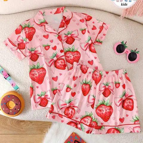 Girls' Fitted Collared Cartoon Pattern Pajamas Set, Short Sleeve Button-Front Top & Shorts, Cartoon Pattern Design, All-Season Wear, Casual Style, Cartoon Print Sleepwear