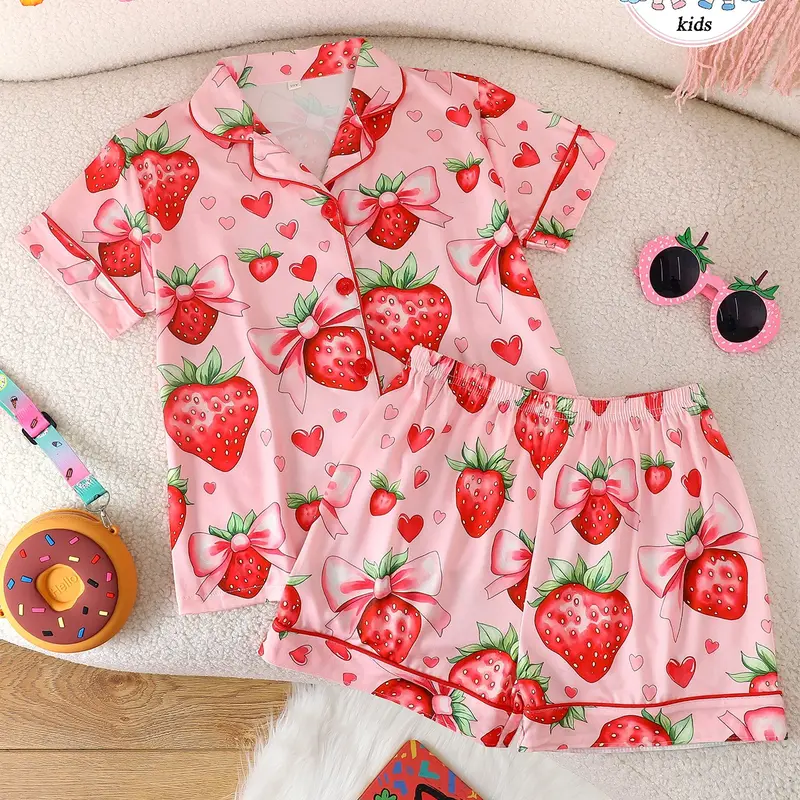 Girls' Fitted Collared Cartoon Pattern Pajamas Set, Short Sleeve Button-Front Top & Shorts, Cartoon Pattern Design, All-Season Wear, Casual Style, Cartoon Print Sleepwear