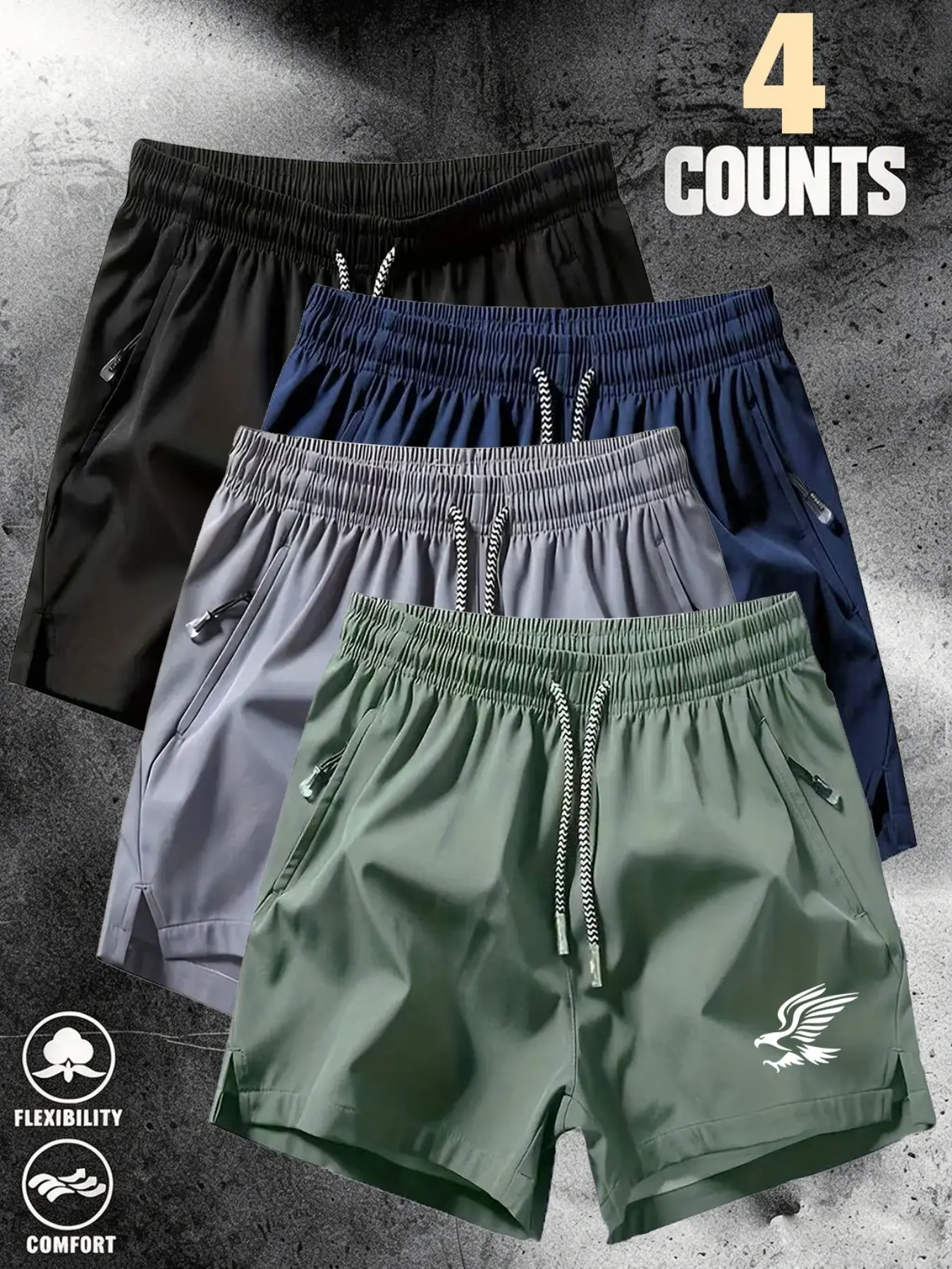 Men's Ice Silk Quick-Dry Shorts, 4-Pack, Eagle Print, Drawstring Waist, Zip Pockets, Outdoor Running, Casual Fitness, All Seasons