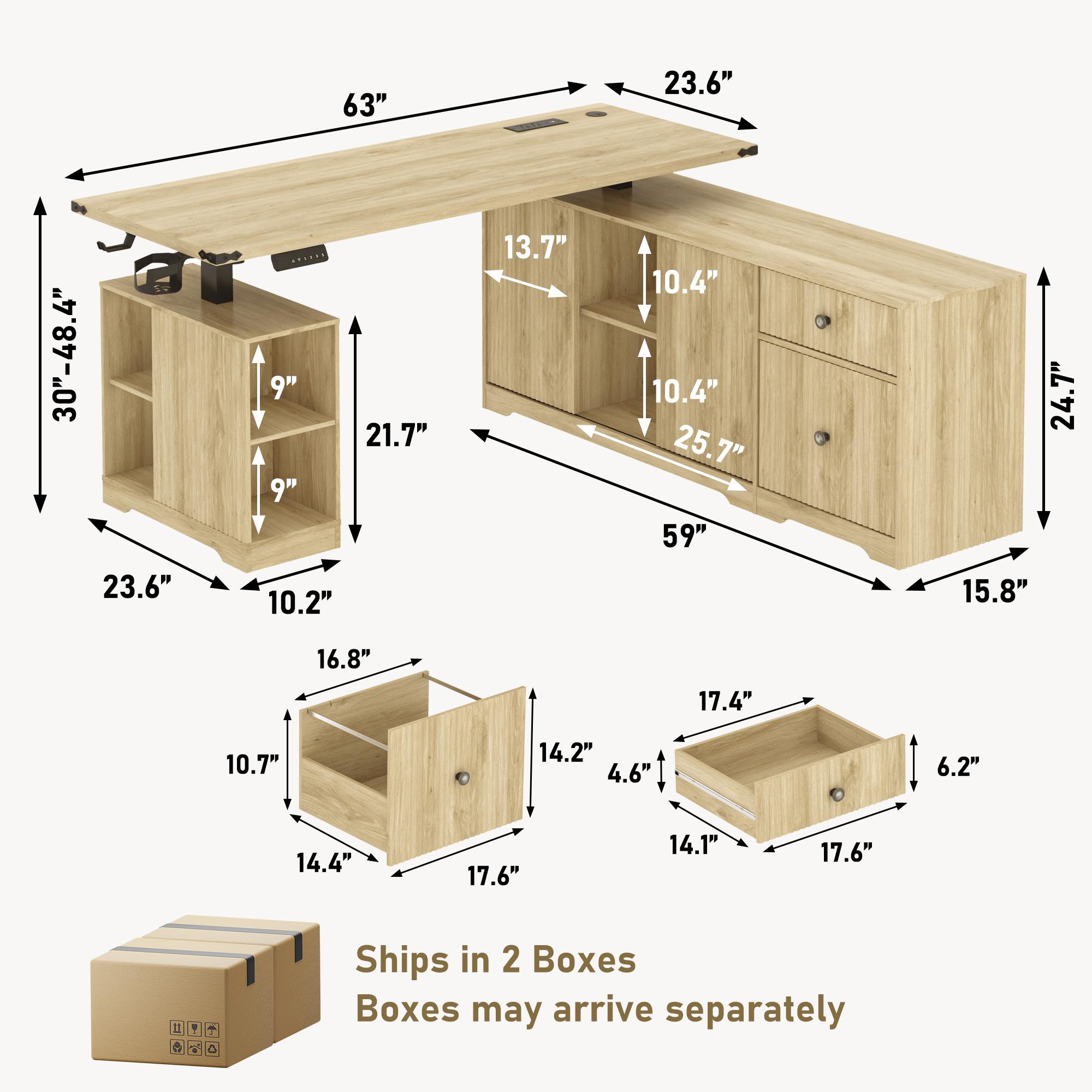 63" L-Shaped Electric Standing Desk, Executive Standing Desk with File Cabinet, Height Adjustable Sit Stand Desk with Storage Shelves & Drawers, Corner Computer Desk with Power Outlet, Brown/Light Oak