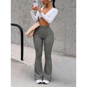 Women's High Waist Ribbed Flare Pants, Dark Grey Textured Bell Bottom Knit Trousers for Casual Daily Wear