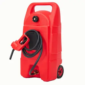 Slim 15 Gallon Portable Gas Tank, Heavy-Duty Fuel Caddy with Manual Transfer Pump & 10 FT Hose, Portable Gas Can with Casters, Leak-Proof Gas Container for Lawn Mowers, Tractor, Boat, Snow Blow, Red/Yellow/Grey