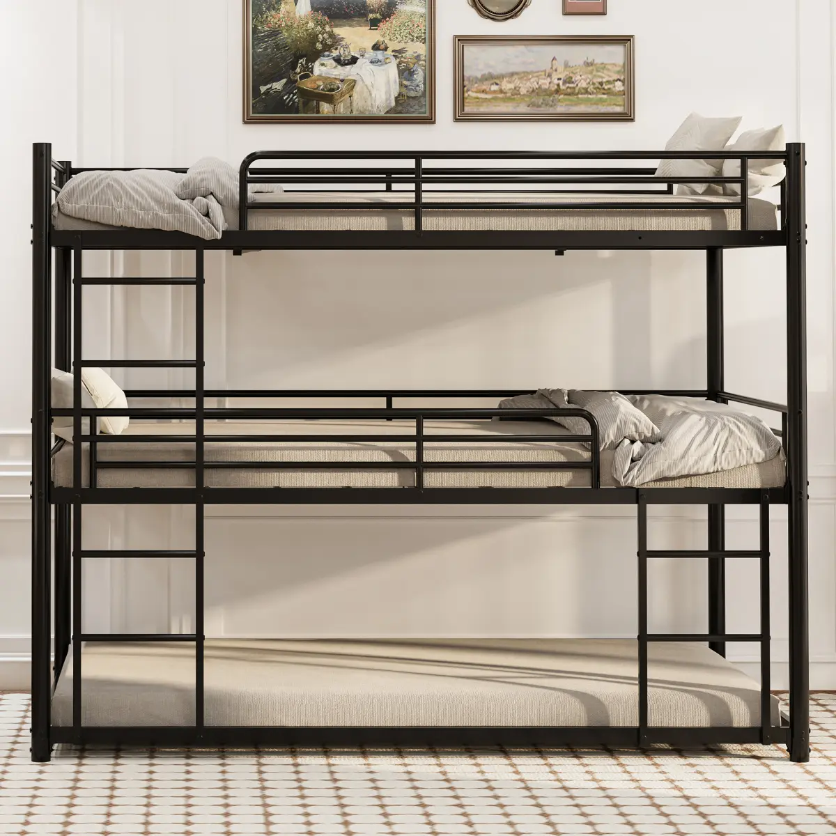 Black Industrial Modern Vertical Stacked Metal Triple Bunk Bed Frame - 2 Ladders for Left-Right Access, Slatted Base Support, Space-Saving Bedroom Furniture for Student Housing, Budget Travelers bed frame
