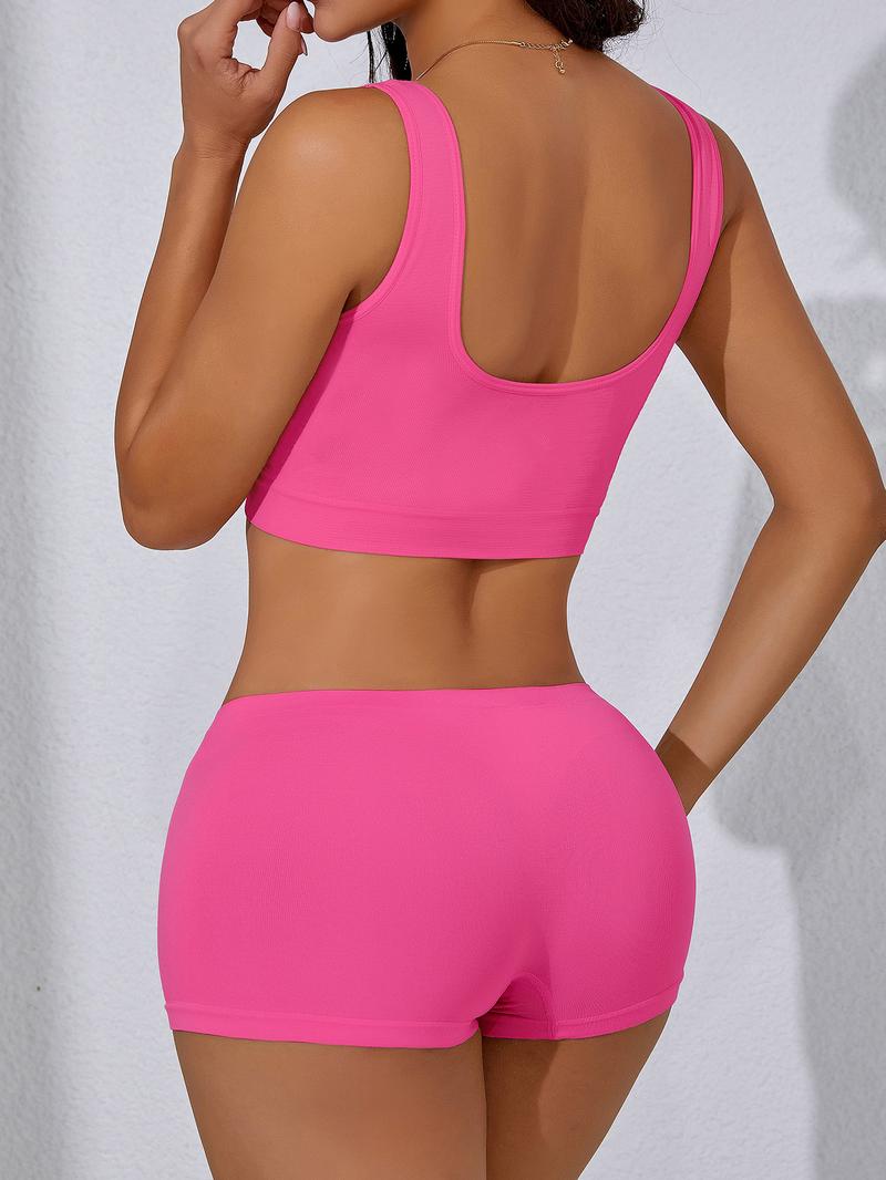 Women's Solid Wireless Bra & Skinny Boyshorts Set, Breathable Comfortable Backless Push Up Bra & Panty Shorts Underwear Sets, Women Sweatsuit Set, Ladies Underwear Set for Indoor Wear, Women's Underwear Set, Yoga Clothes Set, Activewear Clothing