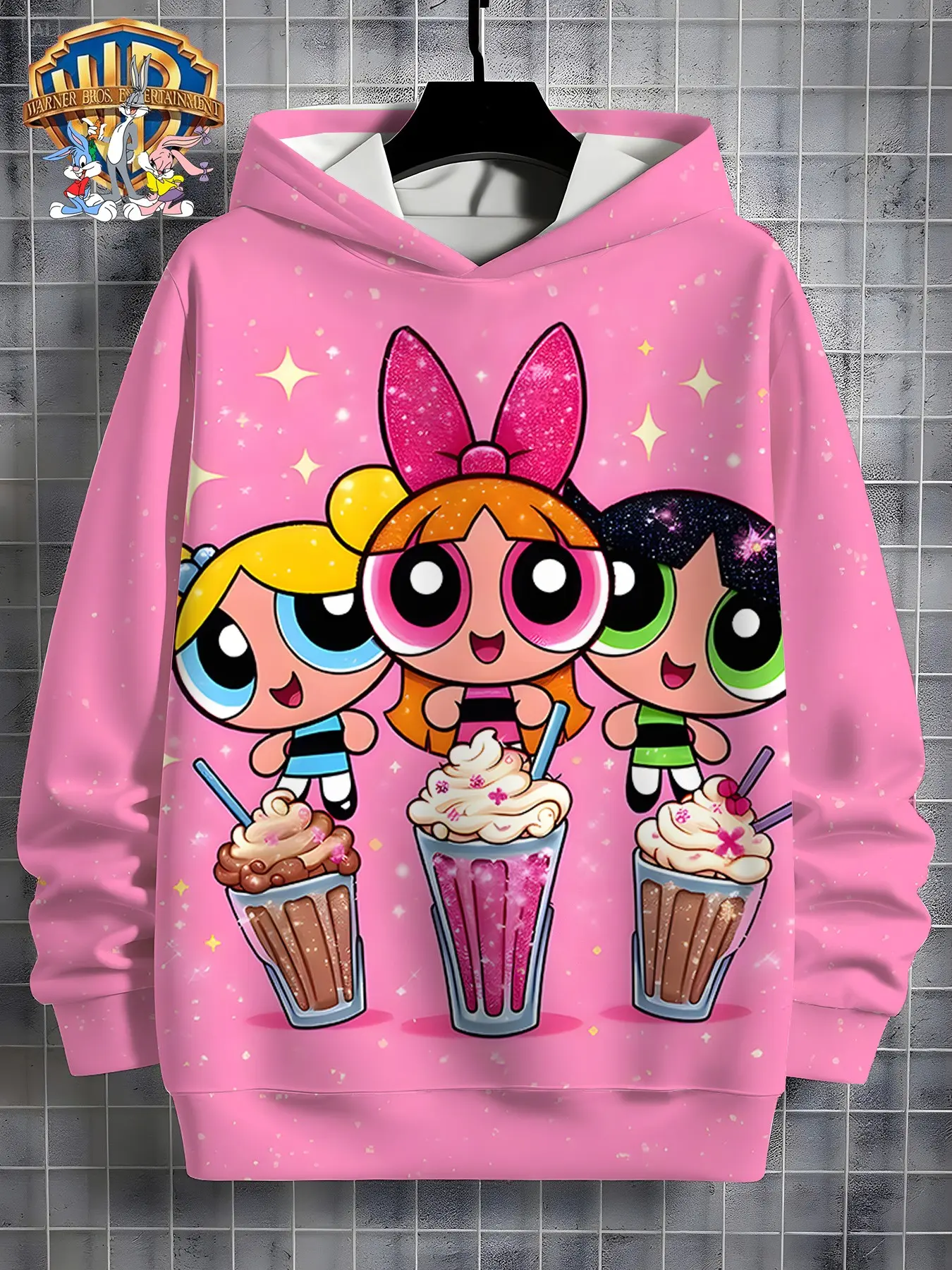 Wb Official the Powerpuff Girls Kids Hoodie, Girl Cartoon Print Long Sleeve Top, Fall & Winter Casual Loose-Fit Pullover
