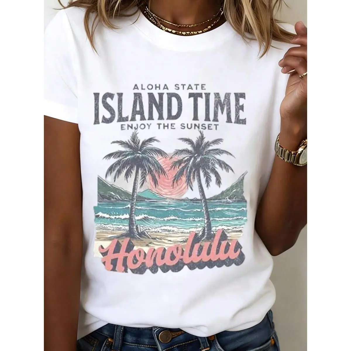 White T Shirt With Aloha State Island Time Honolulu Sunset Palm Trees Print For Beach Vacation Summer Casual Wear
