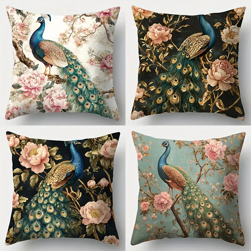 4pcs Vintage Peacock Pattern Pillowcase Set, Holiday Decorative Sofa Cushion Covers for Home Decor, Room Decor, Office Decor, Living Room Decor, Sofa Decor, No Pillow Insert, Single-Sided Print