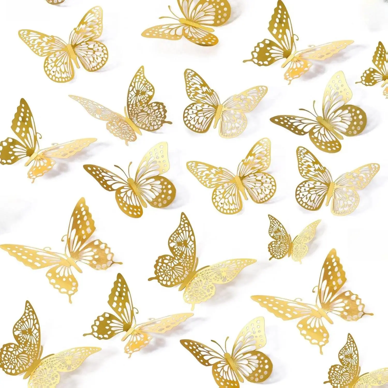 3D Gold Butterfly Wall Stickers, 48-Piece Metallic Adhesive Decals in 4 Styles, Multi-Size Removable Art for Nursery, Party Decorations & Home Decor, Adhesive Stickers, Butterflies