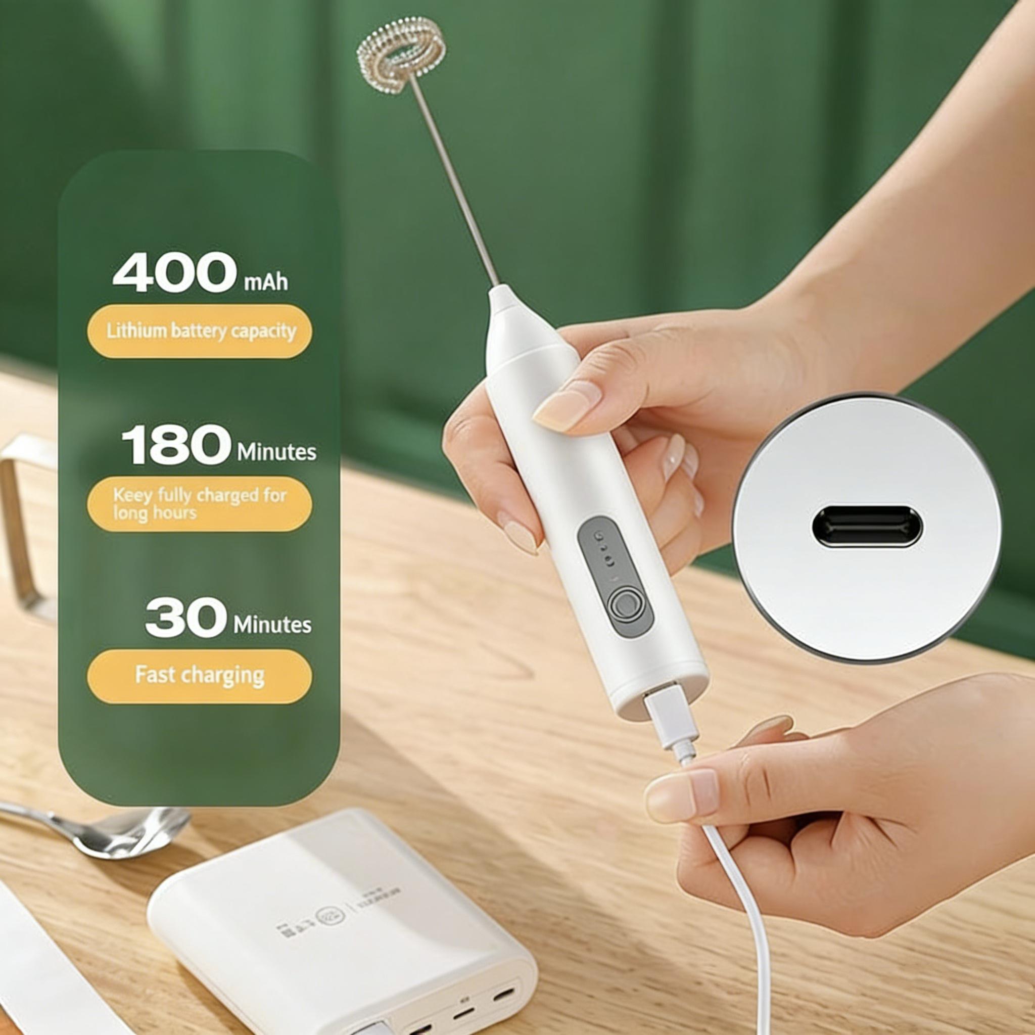 Milk Frother Wand Rechargeable Handheld Drink Mixer, USB-C Electric Whisk with Stainless Steel Whisk for Coffee, Lattes, Cappuccino, Matcha, Hot Chocolate&Creamer