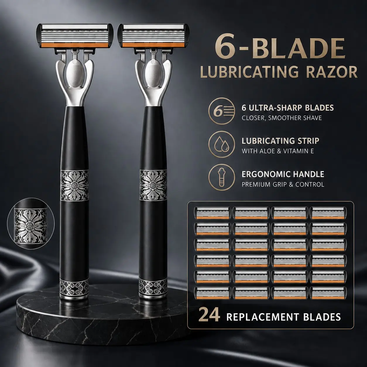 Vintage Silver Color Floral Handle Six-Layer Manual Shaving Set, Includes 2 Razors + 24 Replacement Heads, Smooth Shave, Ergonomic Grip