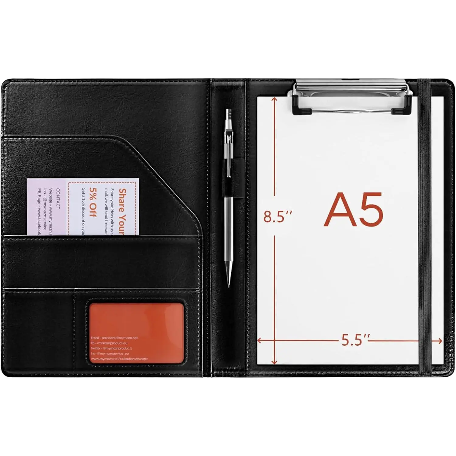 Small Clipboard Junior Padfolio Folio 7 x 9 Writing Pad Refillable, Faux Leather Folder A5 for Notepad 5 x 8 Junior Size Portfolio (Black)