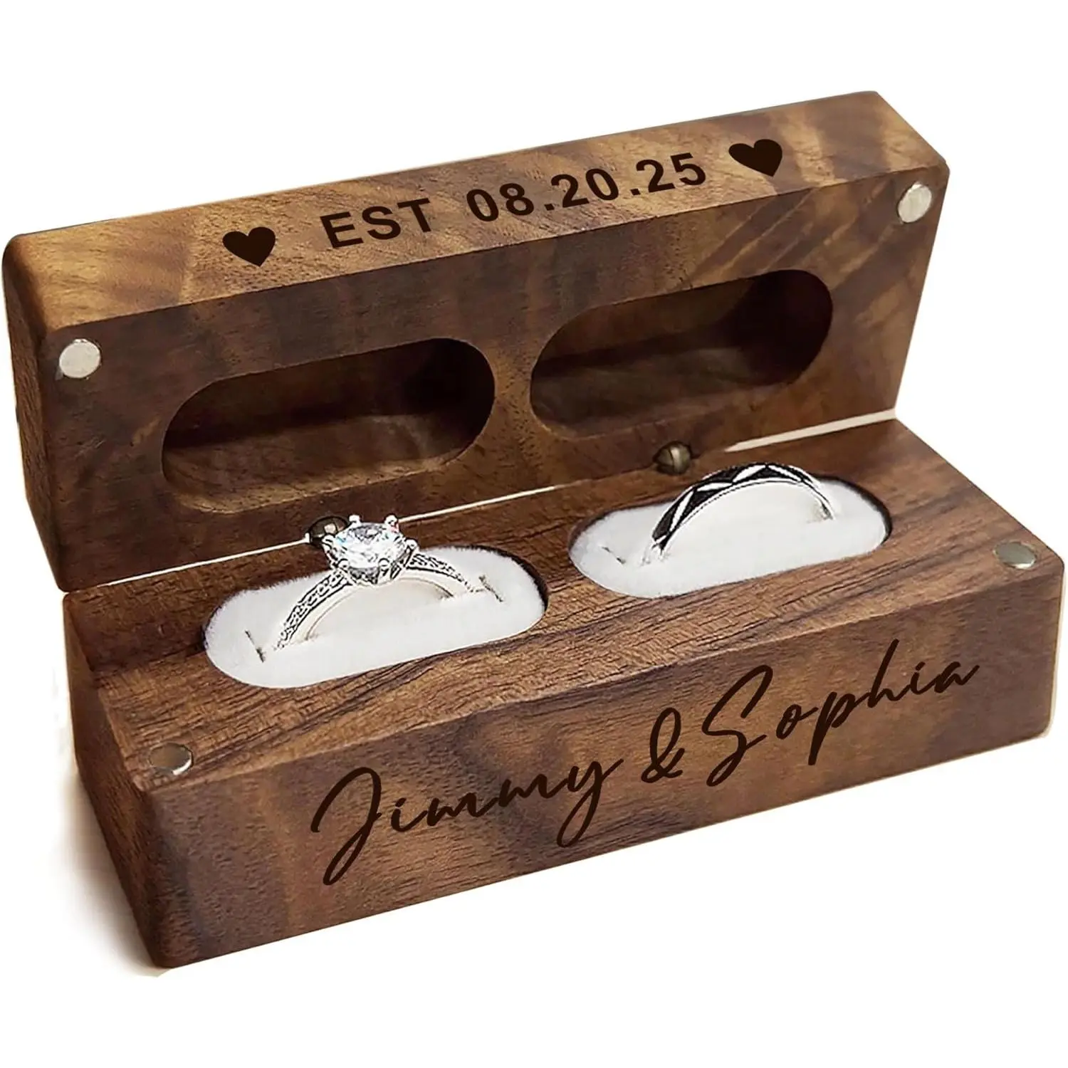 Personalized Wedding Ring Box 2 Slots, Flip Wooden Ring Holder, Engraved Ring Bearer Box with Names & Date (Design 3)