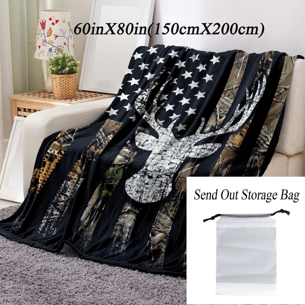 Flag & Deer Head Pattern Flannel Cozy Blanket, 1 Count Soft Comfortable Warm Throw, Soft Comfy Blanket, Cool Bedroom Bedding Blankets Decorative Giftable Blankets for Home Office Travel Camping