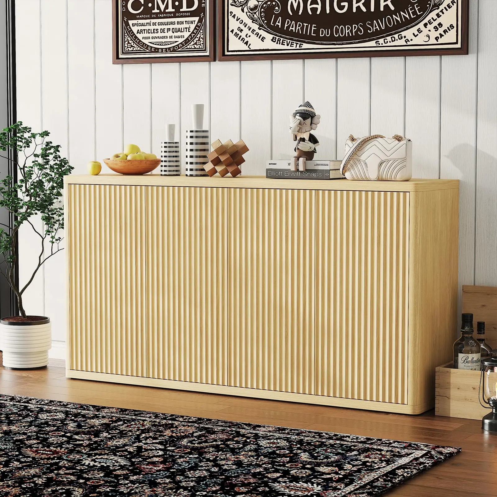 Garvee 66.3" Buffet Cabinet with Storage, Accent Sideboard Modern Credenza with 4 Doors & Adjustable Shelves, Fluted Media Console Coffee Bar Table for Dining Living Room Kitchen Hallway- Natural