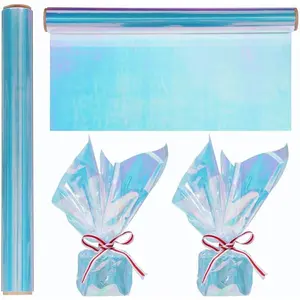 1 Roll 50ft Iridescent Light Blue Cellophane Wrap for Gift Baskets - Colored Cello Wrap - Rainbow Light Blue Wrapping Film (50' Long x 17" Wide) Colored Film Roll for, Fairy Wings, DIY Craft Babyshower.