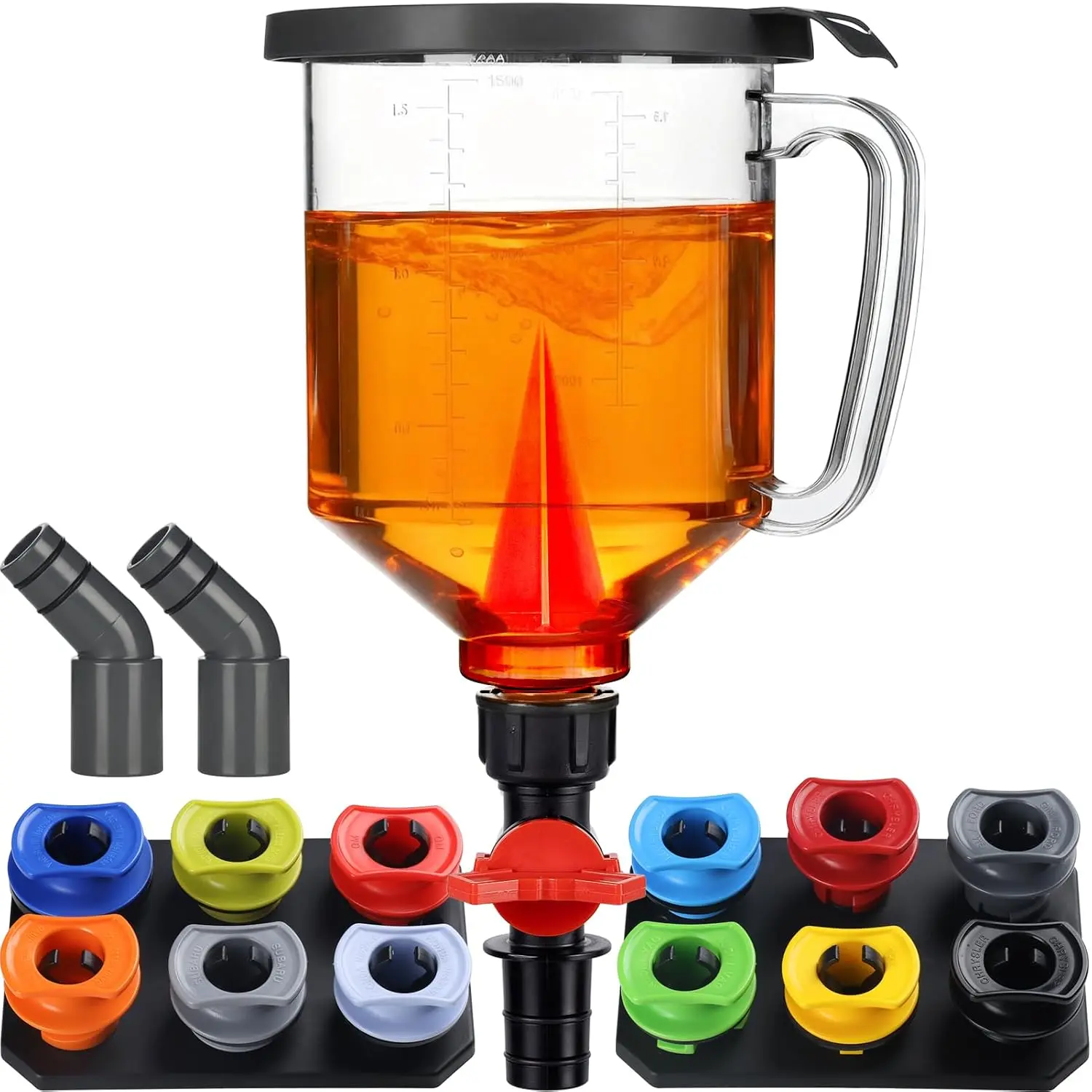Spill-Proof Oil Funnel Kit 51oz - Master Engine Oil Change Funnel with Shut-Off Valve, 12-15 Adapters, Elbow Fitting,  Screen Filter & Transparent Scale for