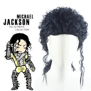 Michael Jackson Wig Rock Cosplay Curly Back Flip Hair Stage Performance, MJ Black Imitation Show Skit Costume Prop