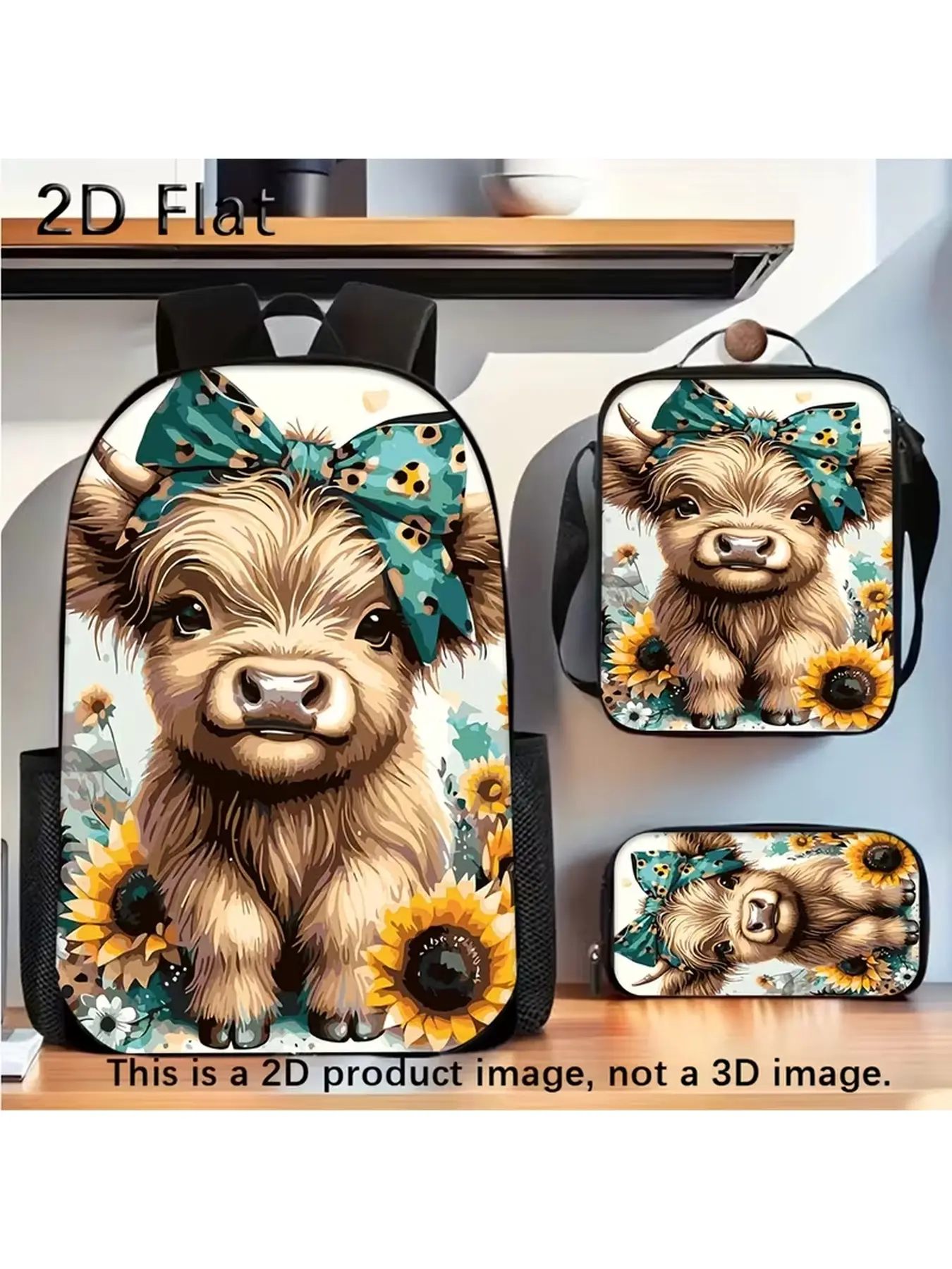 3pcs Highland Cow Backpack Set with Lunch Bag & Pencil Case Suitable for Outdoor Adventures, Adjustable Shoulder Straps Zipper Closure Ideal Christmas Halloween Gift