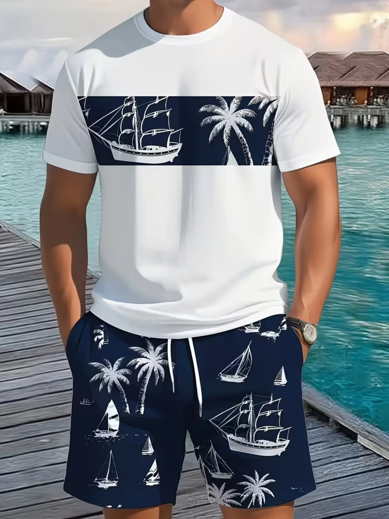 Men's Two-Piece Set, Hawaiian Palm Sailboat Print Short Sleeve Tee, Elastic Waist Shorts, Summer Casual Beach Vacation Street Style