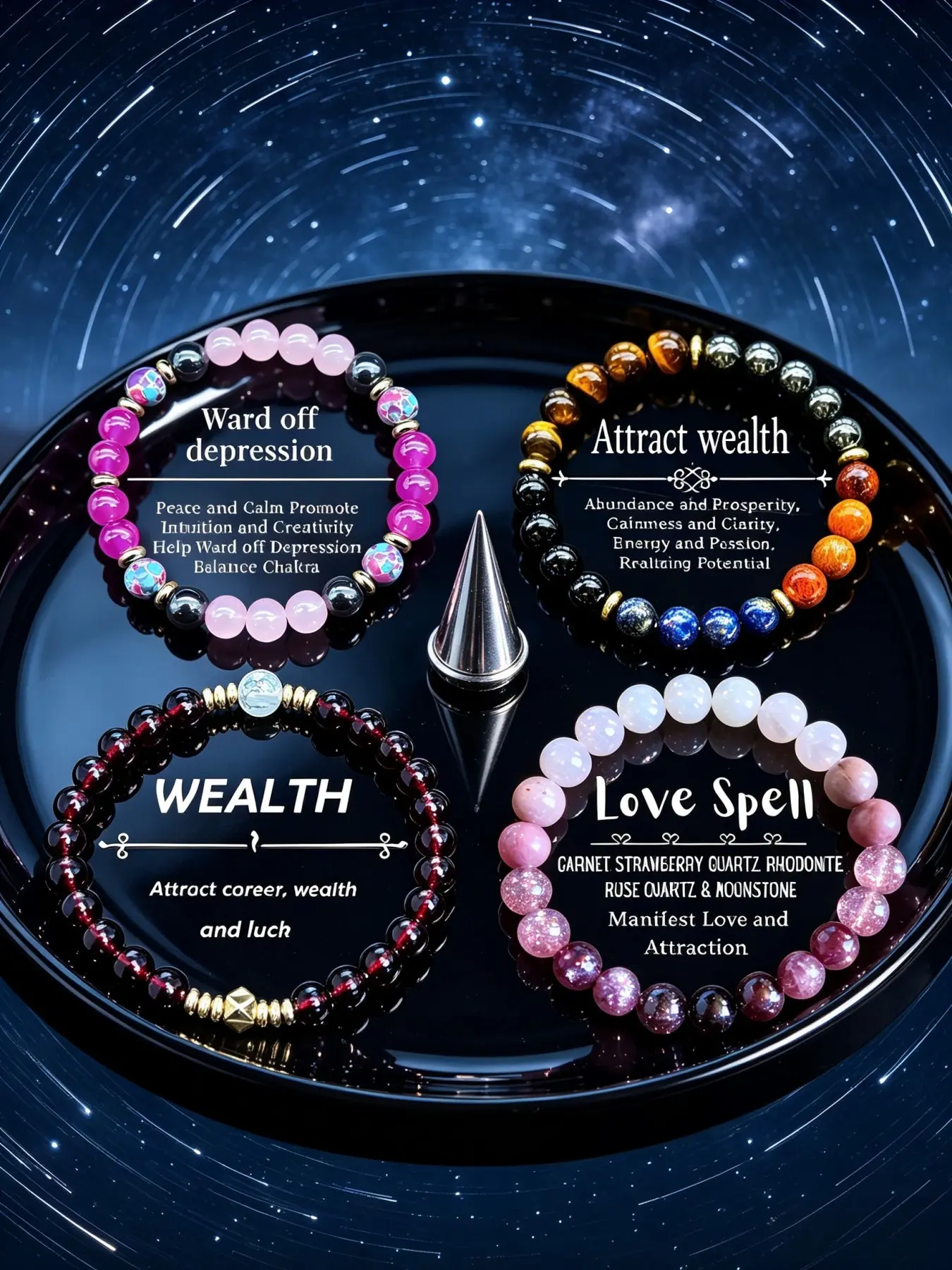 4Pcs Crystal Bracelet Set Wealth Love Calm Chakra Intention Wristband Bundle.Four uniquely designed bracelets you can stack or wear solo, made for every mood and life moment.