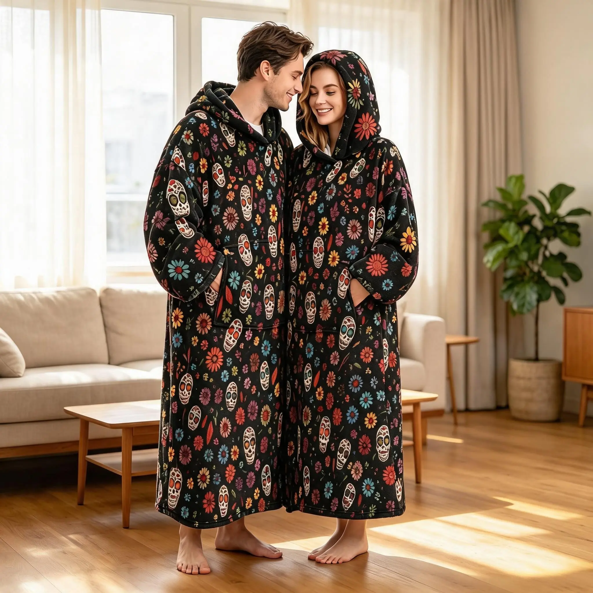 Dark Retro Skull Hooded Wearable Blanket, Long Sleeve Lazy Man Blanket, Large Pocket Warm Blanket, Digital Print, Fall Winter Home, Gift Ideas