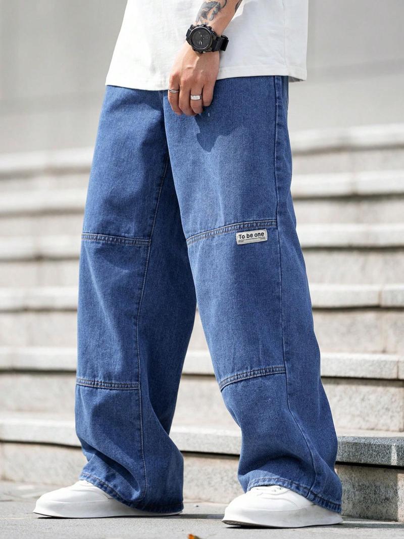 Men's Letter Patched Pocket Button Fly Wide Leg Jeans, Relaxed Fit Jeans, Loose Casual Style Denim Trousers for Daily Wear, Fashion Men's Bottoms for All Seasons, Jeans for Men, Cotton, Long Pants, Menswear