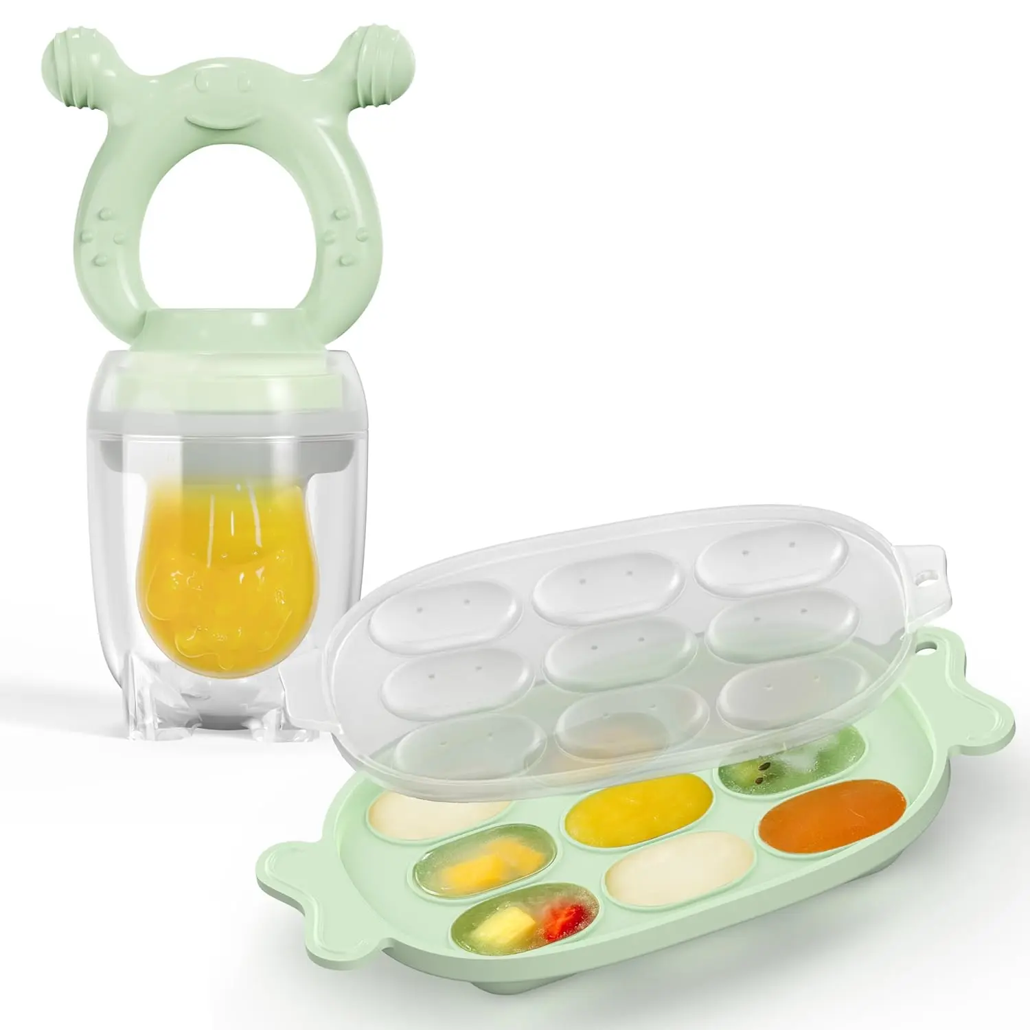 Silicone Baby Fruit Feeder with Freezer Nibble Tray Combo, Baby Teethers, Breastmilk Popsicle Molds  Teething Relief, BPA Free Fresh Food Feeder  Safe Infant Self Feeding (Sage Green) New model