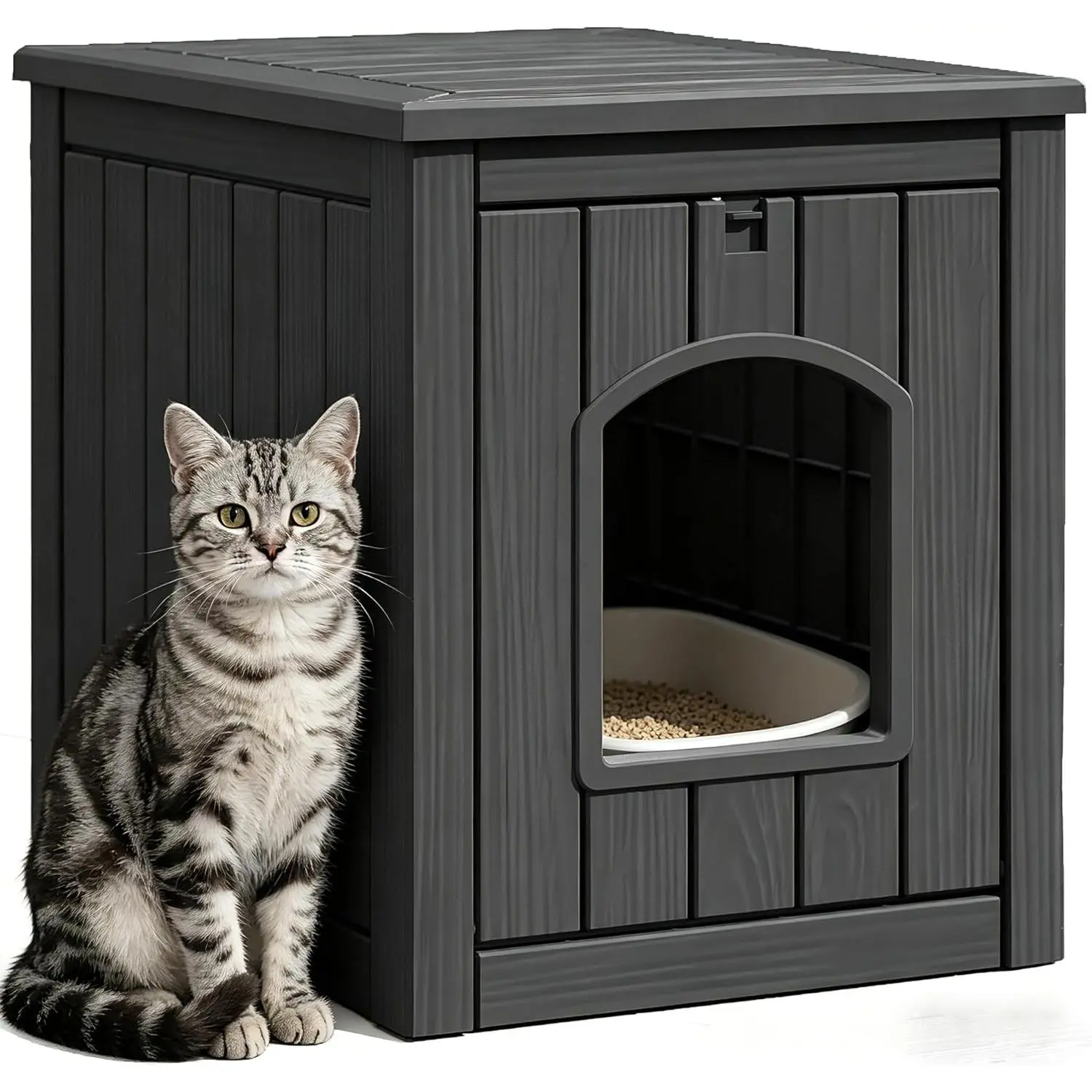 Multi-Functional Enclosed Cat Litter Box Furniture, Weatherproof Outdoor Cat House with Openable Front Door & Raised Floor, Easy to Clean & Assemble, Black