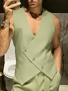 INCERUN Men's Casual Fashion Vest, Deconstructed Cross Hem, Decorative Pockets, Short Sleeveless, Slim Fit, Spring & Fall Wear