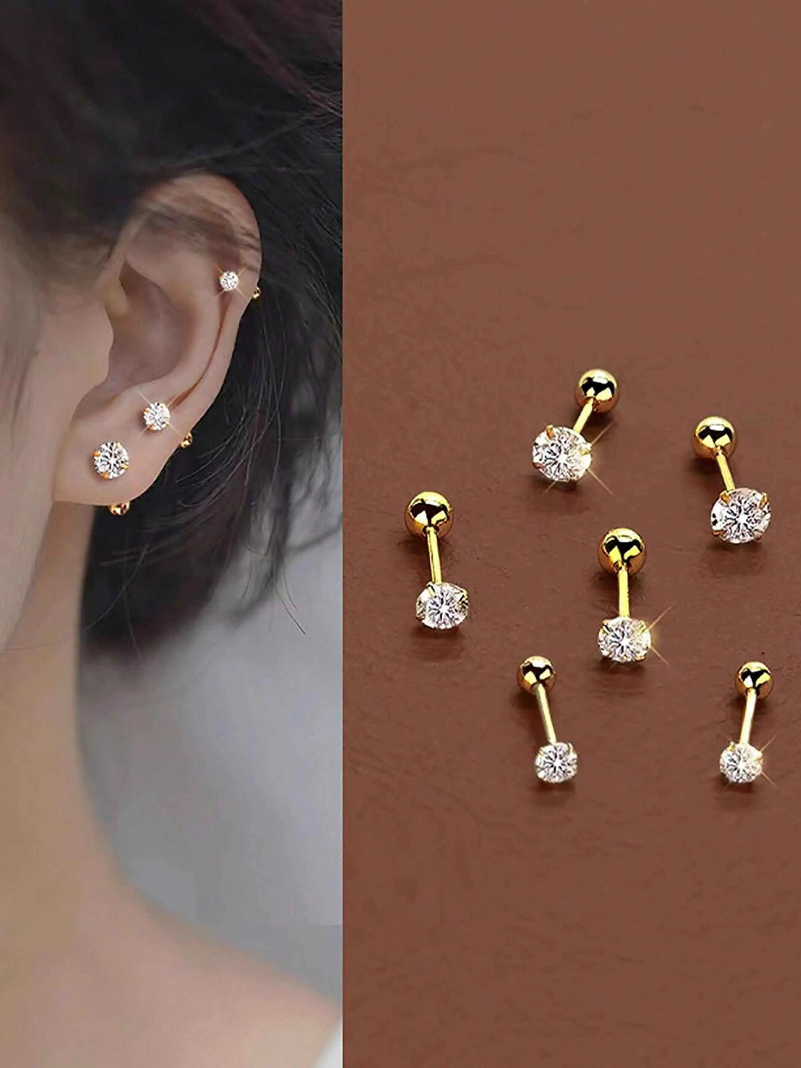 6 pieces/set of elegant and simple women's earrings, copper inlaid artificial zircon earrings, sparkling and convenient ear hole earrings