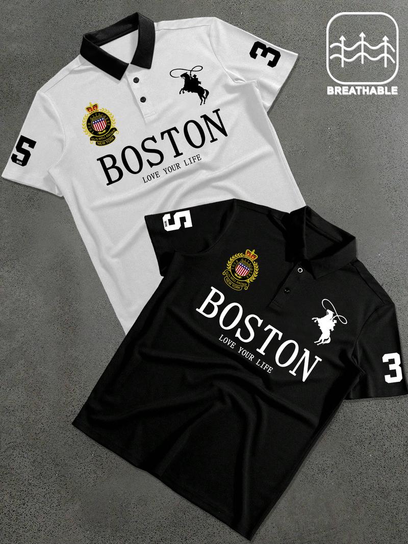 Men's Letter & Number Print Polo Shirt, Fitted Casual Collared, Regular Fit Casual Short Sleeve Top for Daily Outdoor Wear, Fashion Men's Clothes for All Seasons