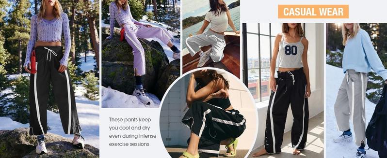 Women's Baggy Wide Leg High Rise Elastic Waist Workout Parachute Pants Beige Wideleg Casual Drawstring Y2K Track Bottom