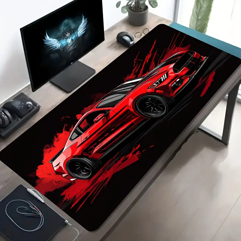 Gaming Mouse Pad - Red and Black Muscle Car Art Design, Natural Rubber Non-Slip Washable Base, Smooth Motion, Gamers & Offices Desktop Accessory, Anti-Stain PC Decor Mat