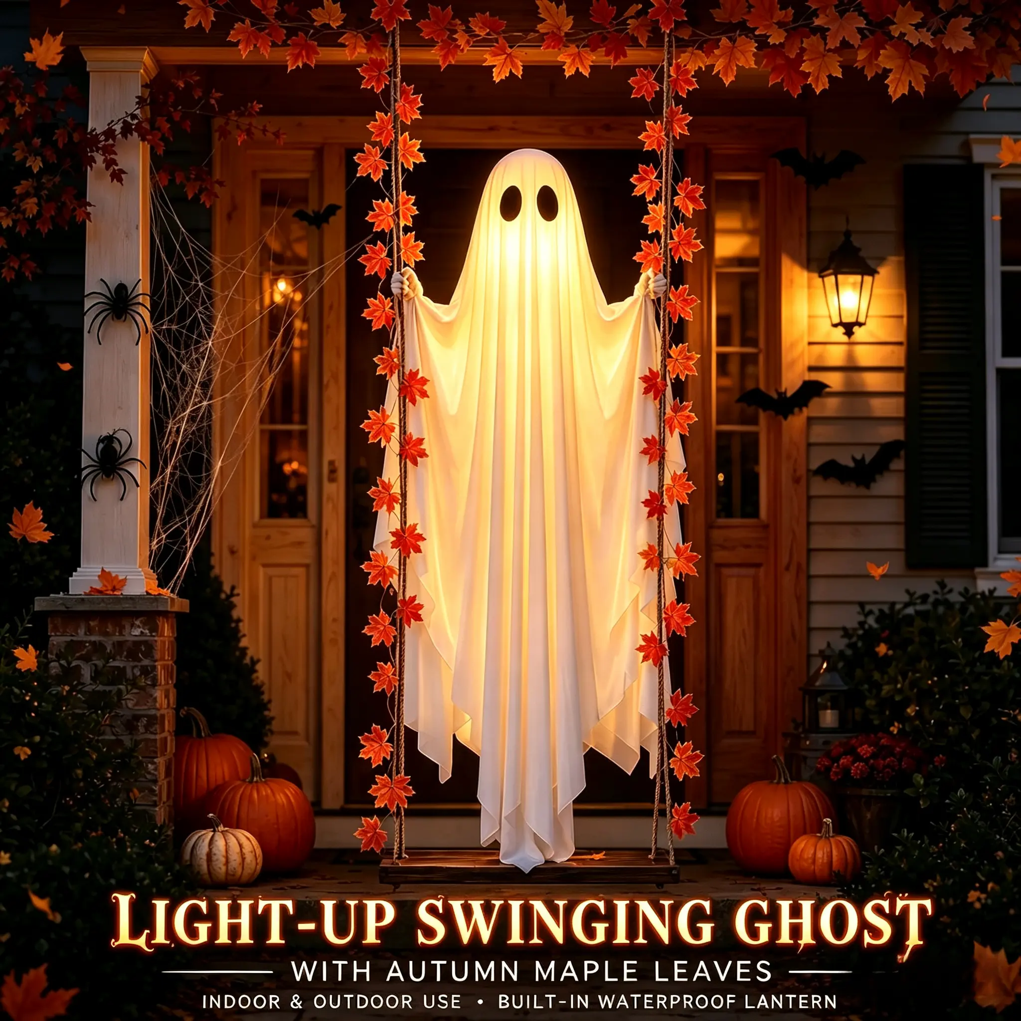 LED Light-Up Swinging Ghost Halloween Decoration with Maple Leaf Garland & Remote Control, Hanging Outdoor Decor for Yd, Porch & Party, Halloween Decorations Outdoor, Party Lighting Decoration