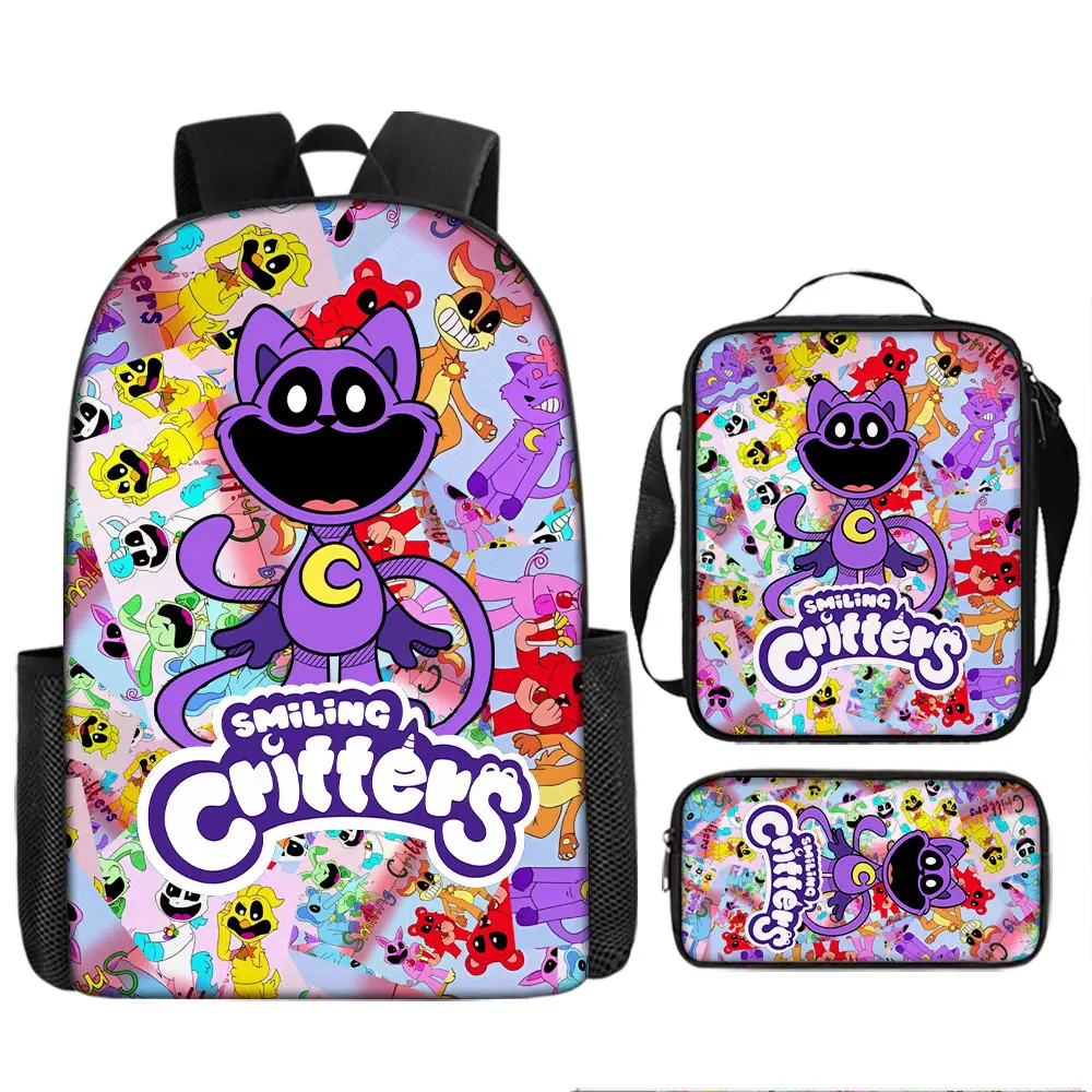 Kids' 3-Piece Water-Resistant Durable Backpack Set Pack - Playful Smiling Critters CatNap Cartoon Horror Game Cartoon Print, Back to School Backpack with Zipper Lunch Bag and Pencil Case