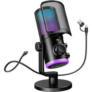 Gaming PC Microphone, USB Streaming Microphone with  Chat ,  Condenser Desktop RGB Mic with Mute Button, Noise Cancellation for Podcast/Twitch/Discord- AM6