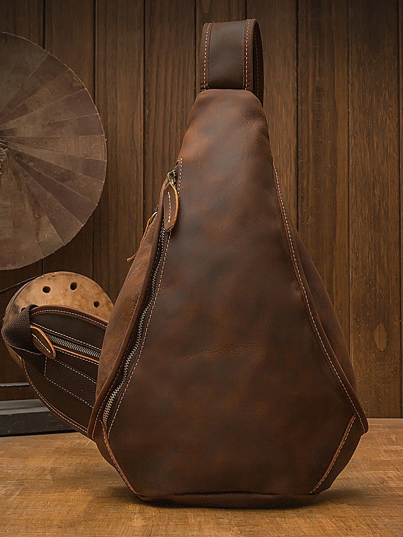 Men's Genuine Leather Chest Bag, European and American Style, Vintage Crazy Horse Skin, Trendy Motorcycle Bag, Unique Fashion Accessory