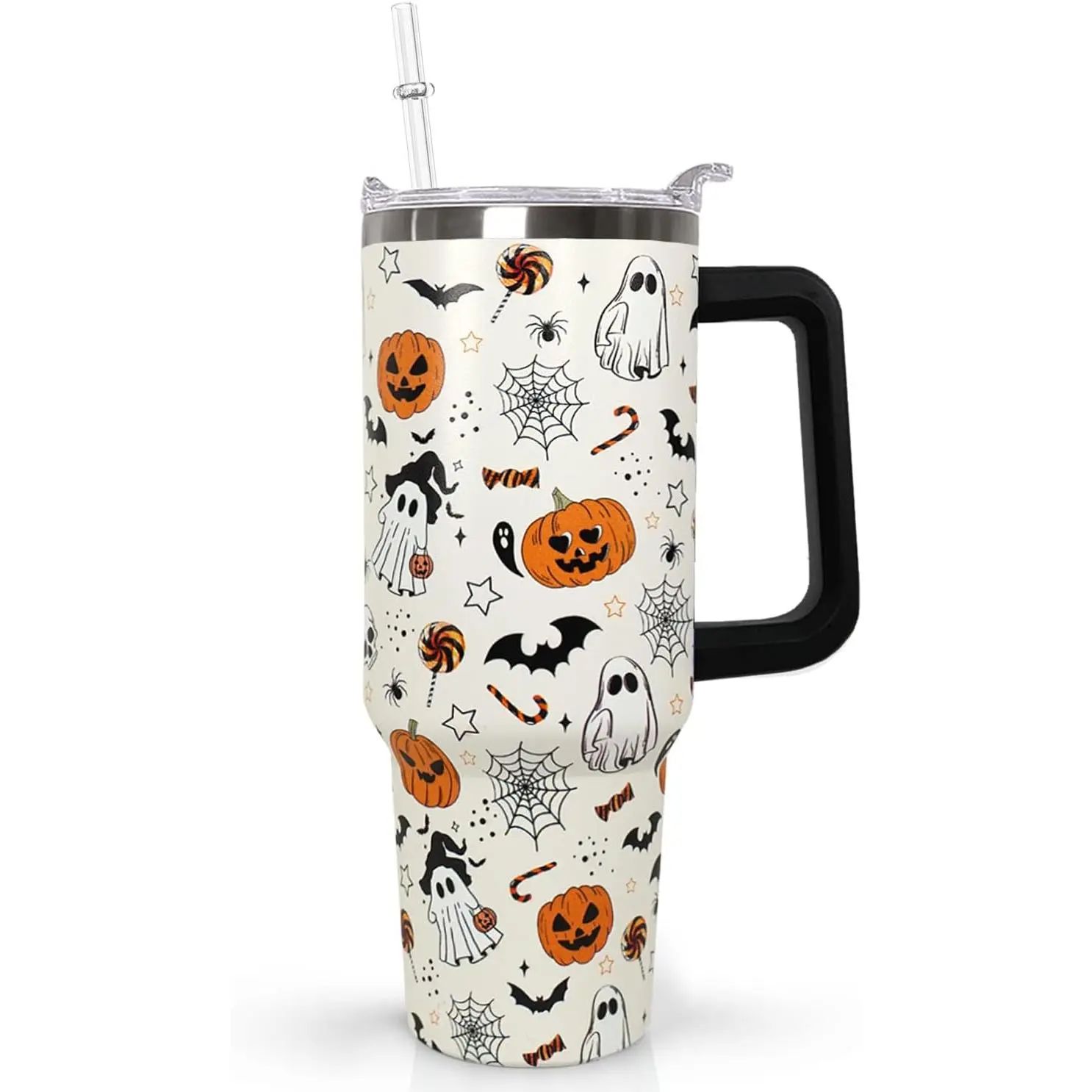 Ceovfoi 40 oz Halloween Pumpkin Tumbler Insulated Stainless Water Bottle Travel Coffee Cup, Water Bottle - Goth Ghost Witch Decor Gift for Women
