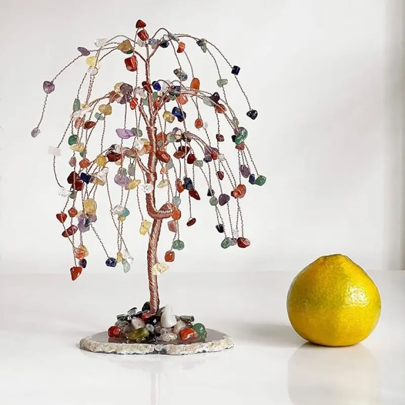 Handcrafted Colorful Weeping Willow Crystal Tree Decorative Gemstone Bonsai Ornament, 8.5cm Base, 18-21cm Big Size for Desk & Shelf Room Decor