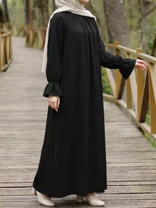 Women's Loose Round Neck Long Sleeve Long Dress, Casual Solid Color, Spring & Fall, Daily Wear, Comfortable and Stylish