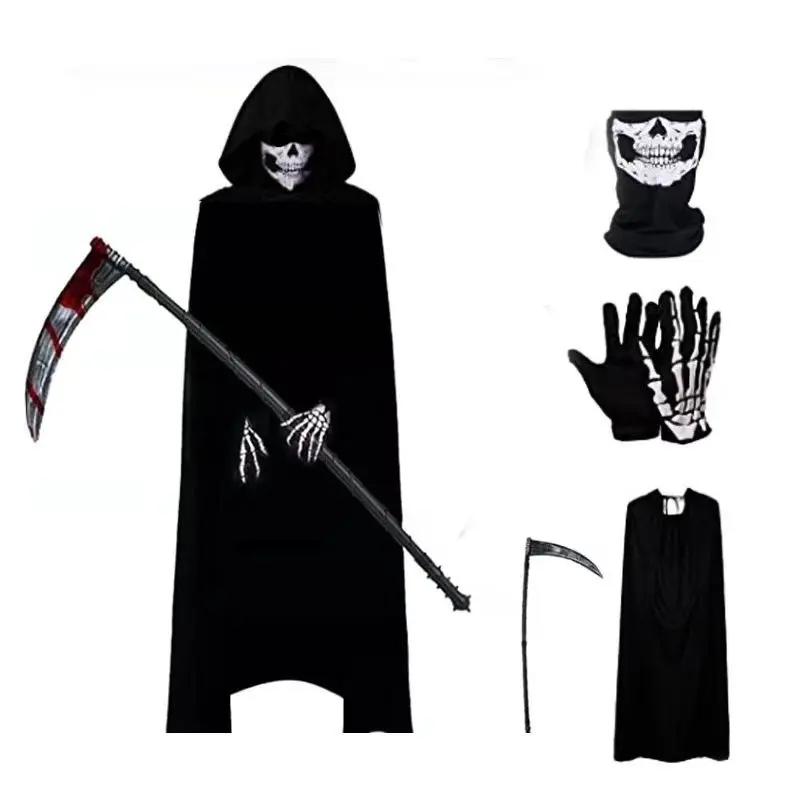Halloween Costume Set, Cloak with Hood, Skull Mask, Scythe Gloves, Horror Death Robe, Kids & Adults, Halloween Party Dress Up